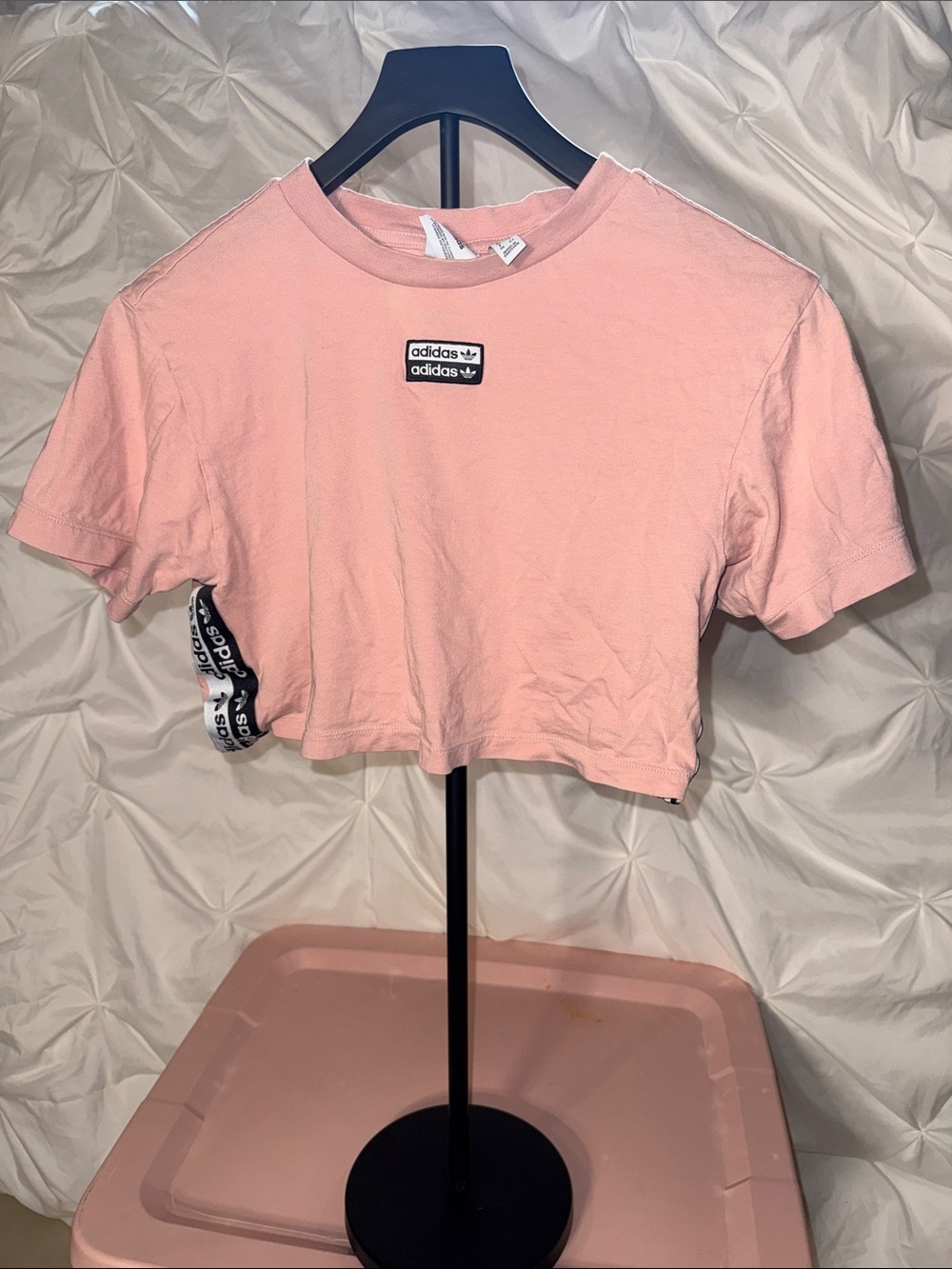 adidas Light Pink Cropped Tee with Trefoil Tag